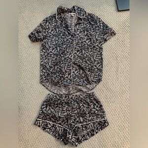Victoria's Secret Black & White Logo Print Silk Pajama Top and Shorts Set